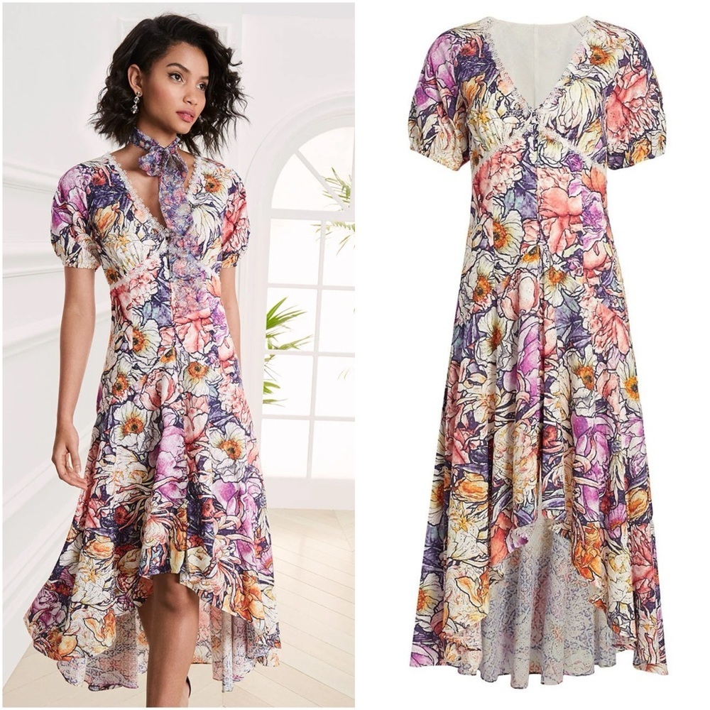 MARCHESA NOTTE Eyelet Asymmetrical High-Low Floral Midi Dress
